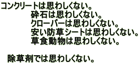 コンクリートは思わしくない。 砕石は思わしくない。 クローバーは思わしくない。 安い防草シートは思わしくない。 草食動物は思わしくない。 除草剤では思わしくない。